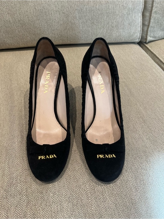 Prada Shoes - Prada Black Suede Pumps with Gold Logo Bow